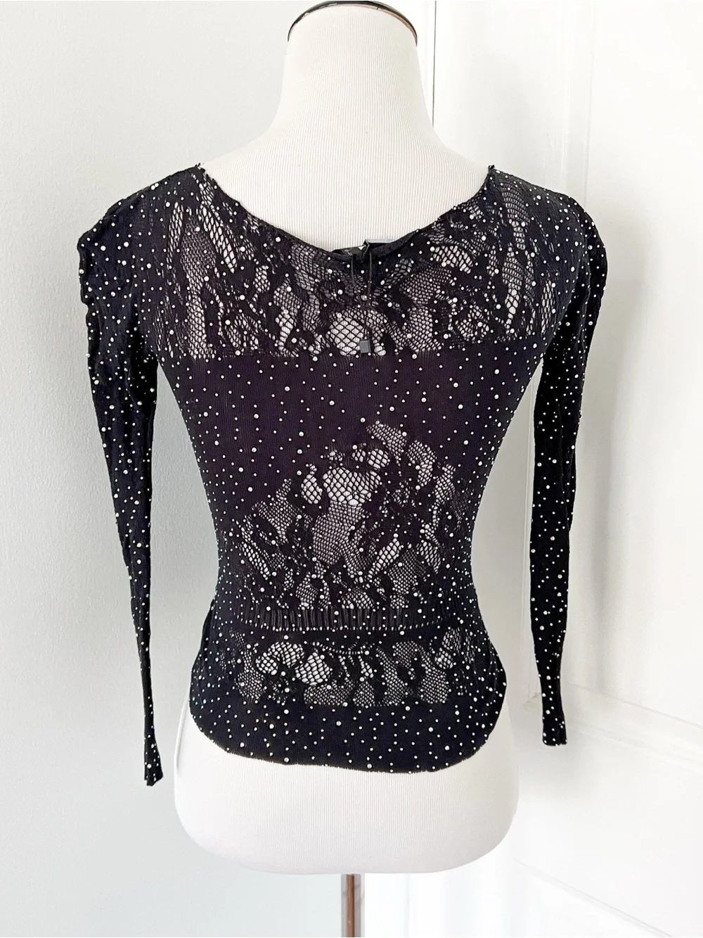 Zara Black Mesh Lace Long Sleeve Top with Rhinestone Accents - M/L